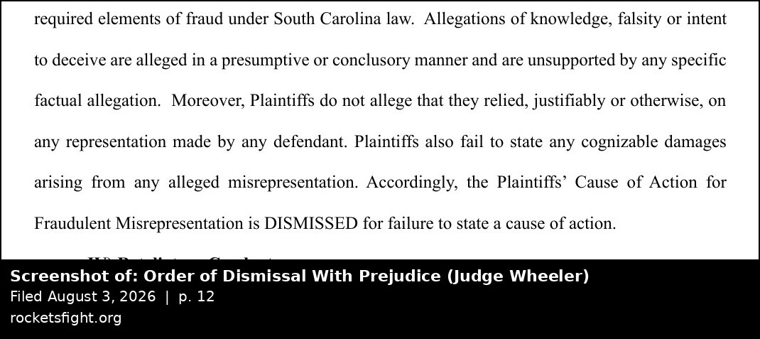 Screenshot of the Order of Dismissal With Prejudice, August 3, 2026, page 12